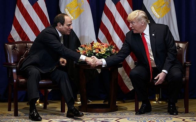US President Donald Trump, right, meets with Egyptian President Abdel-Fattah el-Sisi at the Lotte New York Palace hotel during the United Nations General Assembly, September 24, 2018, in New York. (Evan Vucci/AP) US President Donald Trump, right, meets with Egyptian President Abdel-Fattah el-Sisi at the Lotte New York Palace hotel during the United Nations General Assembly, September 24, 2018, in New York. (Evan Vucci/AP)