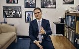 Head of the UN agency for Palestinian refugees, Pierre Krahenbuhl, speaks with a reporter during an interview with AP on September 27, 2018, in New York. (AP/Andres Kudacki)
