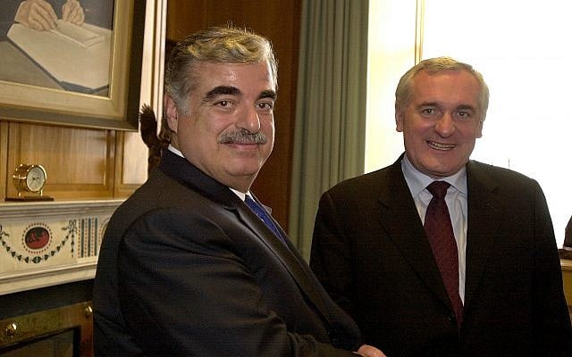 The Prime Minister of Lebanon Rafik Hariri, left, is greeted by Bertie Ahern, the Irish Prime Minister for talks at Government Buildings, Dublin, April 26, 2004. (AP photo/John Cogill) The Prime Minister of Lebanon Rafik Hariri, left, is greeted by Bertie Ahern, the Irish Prime Minister for talks at Government Buildings, Dublin, April 26, 2004. (AP photo/John Cogill)