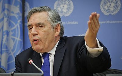 Gordon Brown, former prime minister of the United Kingdom, holds a news conference, September 16, 2016 at UN headquarters. (AP Photo/Bebeto Matthews)