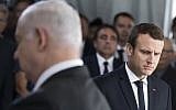 Israeli Prime Minister Benjamin Netanyahu, left, and French President Emmanuel Macron attend a ceremony commemorating the 75nd anniversary of the Vel d'Hiv roundup, Sunday, July 16, 2017 in Paris. (AP Photo/Kamil Zihnioglu, Pool)