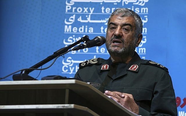 The head of Iran's paramilitary Revolutionary Guard Gen. Mohammad Ali Jafari speaks at a conference in Tehran, Iran, October 31, 2017. (Vahid Salemi/AP) The head of Iran's paramilitary Revolutionary Guard Gen. Mohammad Ali Jafari speaks at a conference in Tehran, Iran, October 31, 2017. (Vahid Salemi/AP)