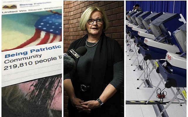 This combination of 2017-2018 photos shows from left, a Facebook posting from a group named "Being Patriotic" attributed to Russian agents by the US House Intelligence Committee, Democratic Senator Claire McCaskill of Missouri whose campaign was targeted by Russian hackers and voting machines in Chicago after hackers found a way into the voter registration database at the Illinois State Board of Elections in mid-2016. (AP Photo/Jon Elswick, Jeff Roberson, Kiichiro Sato) This combination of 2017-2018 photos shows from left, a Facebook posting from a group named "Being Patriotic" attributed to Russian agents by the US House Intelligence Committee, Democratic Senator Claire McCaskill of Missouri whose campaign was targeted by Russian hackers and voting machines in Chicago after hackers found a way into the voter registration database at the Illinois State Board of Elections in mid-2016. (AP Photo/Jon Elswick, Jeff Roberson, Kiichiro Sato)