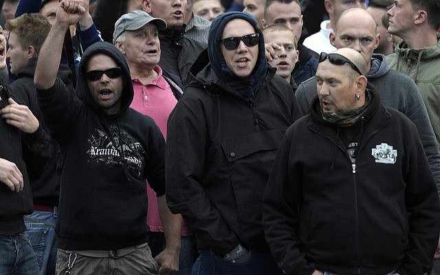 Illustrative image of far-right demonstrators shouting during a demonstration in Chemnitz, eastern Germany, September 1, 2018. (Jens Meyer/AP) Illustrative image of far-right demonstrators shouting during a demonstration in Chemnitz, eastern Germany, September 1, 2018. (Jens Meyer/AP)