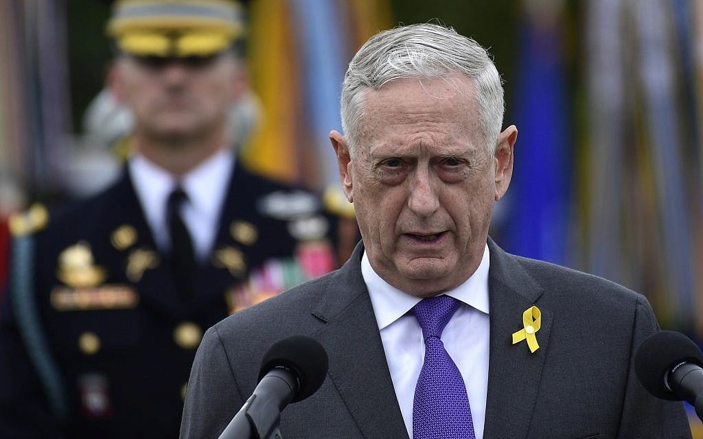 US Defense Secretary Jim Mattis speaks during the 2018 POW/MIA National Recognition Day Ceremony at the Pentagon in Washington, September 21, 2018. (Susan Walsh/AP) US Defense Secretary Jim Mattis speaks during the 2018 POW/MIA National Recognition Day Ceremony at the Pentagon in Washington, September 21, 2018. (Susan Walsh/AP)