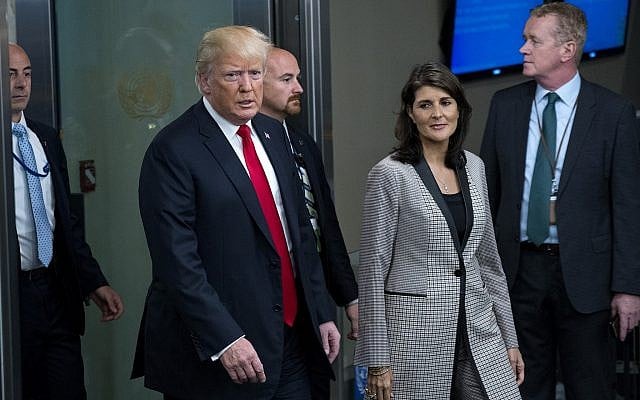 President Donald Trump addresses arrives with Nikki Haley, the US ambassador to the UN, during the 73rd session of the United Nations General Assembly, at UN headquarters, September 25, 2018. (AP Photo/Craig Ruttle) President Donald Trump addresses arrives with Nikki Haley, the US ambassador to the UN, during the 73rd session of the United Nations General Assembly, at UN headquarters, September 25, 2018. (AP Photo/Craig Ruttle)