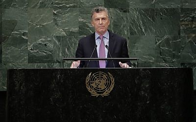 Argentina's President Mauricio Macri addresses the 73rd session of the United Nations General Assembly Tuesday, Sept. 25, 2018, at the United Nations headquarters. (AP Photo/Frank Franklin II)