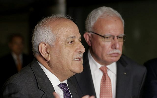 Palestinian ambassador to the United Nations Riyad Mansour, left, speaks to reporters while Palestinian minister of foreign affairs Riyad al-Maliki looks on following a meeting in New York, Wednesday, Sept. 26, 2018. (AP Photo/Seth Wenig) Palestinian ambassador to the United Nations Riyad Mansour, left, speaks to reporters while Palestinian minister of foreign affairs Riyad al-Maliki looks on following a meeting in New York, Wednesday, Sept. 26, 2018. (AP Photo/Seth Wenig)