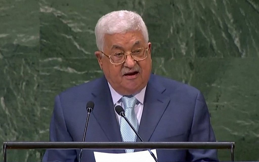 Screen capture from video of Palestinian Authority President Mahmoud Abbas speaking at the 73rd United Nations General Assembly, September 27, 2018. (United Nations)