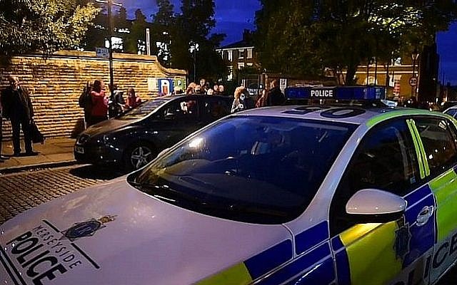 Screen capture from video of the scene after a building hosting a Jewish event was evacuated due to a hoax bomb threat, Liverpool, England, September 25, 2018. (Liverpool Echo) Screen capture from video of the scene after a building hosting a Jewish event was evacuated due to a hoax bomb threat, Liverpool, England, September 25, 2018. (Liverpool Echo)