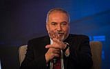 Defense Minister Avigdor Liberman speaks in the Jerusalem International Convention Center (ICC) on September 3, 2018. (Yonatan Sindel/Flash90)