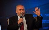 Defense Minister Avigdor Liberman speaks during a conference at the International Convention Center in Jerusalem on September 3, 2018. (Yonatan Sindel/Flash90)