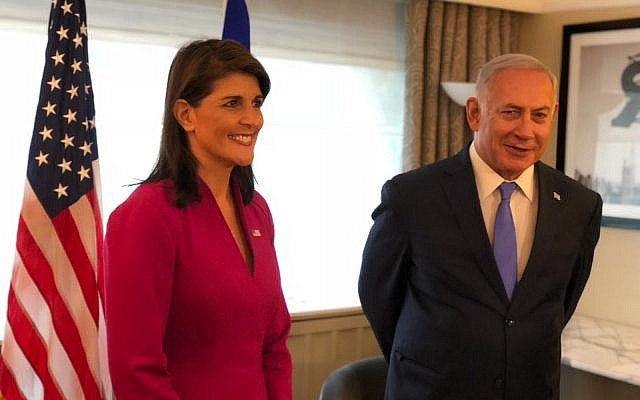 US Ambassador to the United Nations Nikki Haley, left, meets with Prime Minister Benjamin Netanyahu in New York during the UN General Assembly on Friday, September 25, 2018. (Avi Ohayun/GPO) US Ambassador to the United Nations Nikki Haley, left, meets with Prime Minister Benjamin Netanyahu in New York during the UN General Assembly on Friday, September 25, 2018. (Avi Ohayun/GPO)