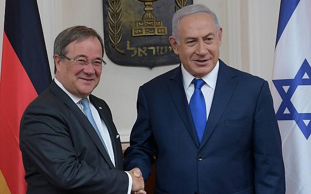 North Rhine-Westphalia leader Armin Laschet (left) is welcomed to Jerusalem by Prime Minister Benjamin Netanyahu, September 2018 (Amos Ben-Gershom/GPO) North Rhine-Westphalia leader Armin Laschet (left) is welcomed to Jerusalem by Prime Minister Benjamin Netanyahu, September 2018 (Amos Ben-Gershom/GPO)