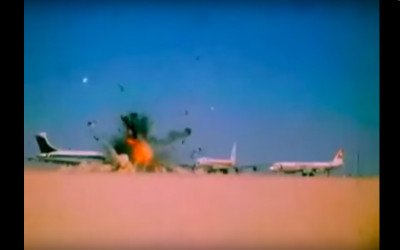 Hijacked aircraft being blown up at Dawson Field, Jordan, in front of international press on 12 September 1970.