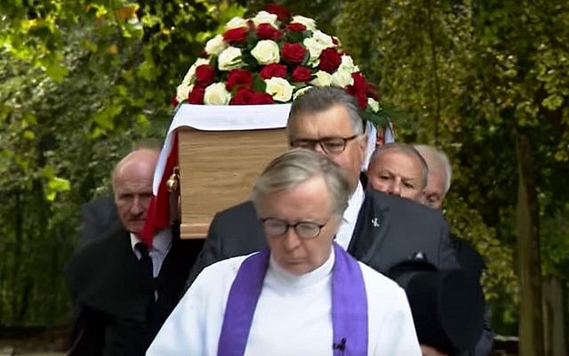 Mourners carry a casket holding the remains of Frank Le Villio during a reburial ceremony at a church in St. Helier, Jersey, on September 5, 2018. (Screen capture: YouTube) Mourners carry a casket holding the remains of Frank Le Villio during a reburial ceremony at a church in St. Helier, Jersey, on September 5, 2018. (Screen capture: YouTube)