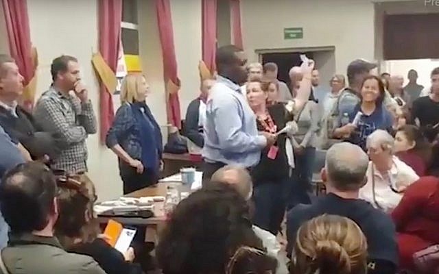Labour Party activists in the constituency of Enfield North attend a no-confidence vote against MP Joan Ryan over her criticism of leader Jeremy Corbyn regarding Israel and anti-Semitism, on September 6, 2018. (Screen capture: YouTube) Labour Party activists in the constituency of Enfield North attend a no-confidence vote against MP Joan Ryan over her criticism of leader Jeremy Corbyn regarding Israel and anti-Semitism, on September 6, 2018. (Screen capture: YouTube)