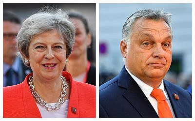 Composite photo of Hungarian Prime Minister Viktor Orban, and British Prime Minister Theresa May, at the informal EU summit in Salzburg, Austria, Thursday, September 20, 2018. (AP Photo/Kerstin Joensson)