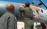 Pilots and crews who took part in the 2007 bombing of the Syrian nuclear reactor in Deir al-Zor take part in a ceremony marking the planes that participated in the operation, on September 6, 2018 at the Hatzerim Air Force Base in southern Israel. (IDF Spokesperson's Unit)