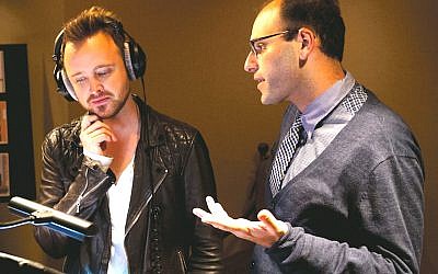 Raphael Bob-Waksberg, right, in studio with “BoJack Horseman” actor Aaron Paul. (Netflix via JTA)
