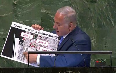 Screen capture from video of Prime Minister Benjamin Netanyahu showing a diagram of what he said was Hezbollah terror group sites near Beirut during his address to the 73rd UN General Assembly in New York, September 27, 2018. (United Nations)