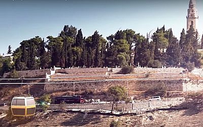 Artist's impression of a cable car crossing Jerusalem's Hinnom Valley to Mount Zion, from a promotional video uploaded to YouTube.