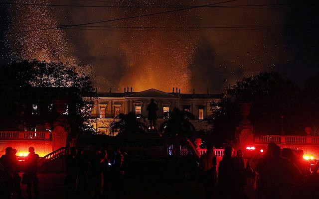 A view of the fire at Brazil’s National Museum, September 2, 2018. (Tania Rego/Agencia Brasil via JTA) A view of the fire at Brazil’s National Museum, September 2, 2018. (Tania Rego/Agencia Brasil via JTA)