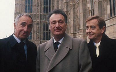The stars of 1980s sitcoms 'Yes Minister' and 'Yes, Prime Minister' outside Parliament, with Nigel Hawthorne (Sir Humphrey Appleby) at left and Paul Eddington (Jim Hacker) center. (Courtesy BBC)