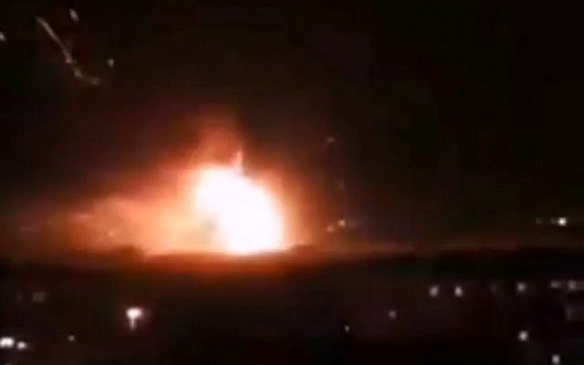 A missile attack reported at Mazzeh air base in Syria, September 2, 2018. (screen capture: Twitter)
