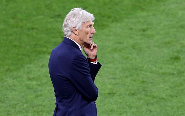Jose Pekerman coaches Colombia in a match against England at the FIFA World Cup at Spartak Stadium in Russia, July 3, 2018. (Alex Morton/Getty Images via JTA) Jose Pekerman coaches Colombia in a match against England at the FIFA World Cup at Spartak Stadium in Russia, July 3, 2018. (Alex Morton/Getty Images via JTA)