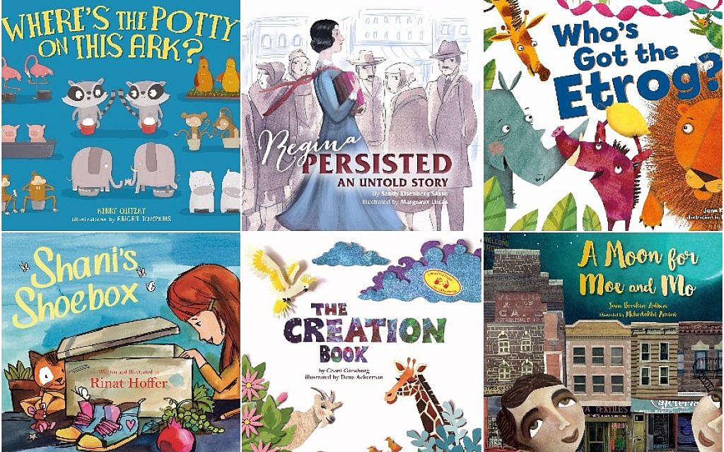 The crop of new children’s book for this year features, clockwise from top left: 'Where’s the Potty on This Ark?' (Kar-Ben); 'Regina Persisted: An Untold Story' (Apples & Honey Press); 'Who’s Got the Etrog?' (Kar-Ben); 'A Moon for Moe and Mo' (Charlesbridge); 'The Creation Book' (Hachai Publishing); and 'Shani’s Shoebox' (Green Bean Books/all photos via JTA) The crop of new children’s book for this year features, clockwise from top left: 'Where’s the Potty on This Ark?' (Kar-Ben); 'Regina Persisted: An Untold Story' (Apples & Honey Press); 'Who’s Got the Etrog?' (Kar-Ben); 'A Moon for Moe and Mo' (Charlesbridge); 'The Creation Book' (Hachai Publishing); and 'Shani’s Shoebox' (Green Bean Books/all photos via JTA)