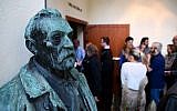 A statue of Swedish inventor and scholar Alfred Nobel is seen prior to a press conference at the Karolinska Institute in Stockholm, Sweden, on October 1, 2018. (AFP/Jonathan Nackstrand)