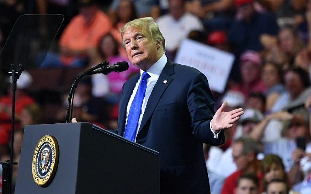 US President Donald Trump speaks during a "Make America Great Again" rally at Landers Center in Southaven, Mississippi, on October 2, 2018. (MANDEL NGAN/AFP)
