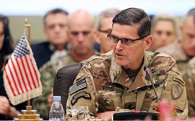 In this photo taken on September 12, 2018, Commander of United States Central Command Joseph Votel speaks during a meeting with the Gulf cooperation council's armed forces chiefs of staff in Kuwait City. (AFP PHOTO / Yasser Al-Zayyat)