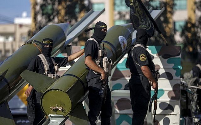 Members of the Iran-backed Palestinian Islamic Jihad terror group march during a military parade in Gaza City on October 4, 2018. (Anas Baba/AFP PHOTO) Members of the Iran-backed Palestinian Islamic Jihad terror group march during a military parade in Gaza City on October 4, 2018. (Anas Baba/AFP PHOTO)