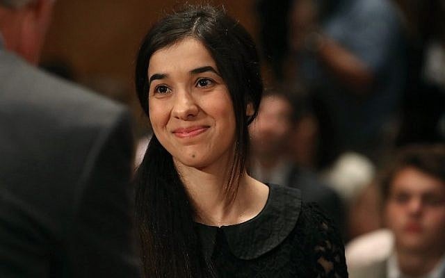 In this file photo taken on June 21, 2016, human rights activist Nadia Murad arrives at a Senate Homeland Security and Governmental Affairs Committee hearing on Capitol Hill in Washington, DC. (AFP Photo/Getty Images North America/Mark Wilson) In this file photo taken on June 21, 2016, human rights activist Nadia Murad arrives at a Senate Homeland Security and Governmental Affairs Committee hearing on Capitol Hill in Washington, DC. (AFP Photo/Getty Images North America/Mark Wilson)