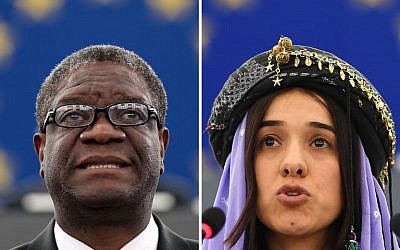 Nobel Peace Prize 2018 winners Congolese gynecologist Denis Mukwege, left, and Nadia Murad, public advocate for the Yazidi community in Iraq and survivor of sexual enslavement by the Islamic State jihadists. (AFP)