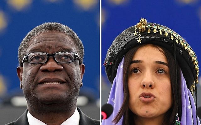 Nobel Peace Prize 2018 winners Congolese gynecologist Denis Mukwege, left, and Nadia Murad, public advocate for the Yazidi community in Iraq and survivor of sexual enslavement by the Islamic State jihadists. (AFP) Nobel Peace Prize 2018 winners Congolese gynecologist Denis Mukwege, left, and Nadia Murad, public advocate for the Yazidi community in Iraq and survivor of sexual enslavement by the Islamic State jihadists. (AFP)