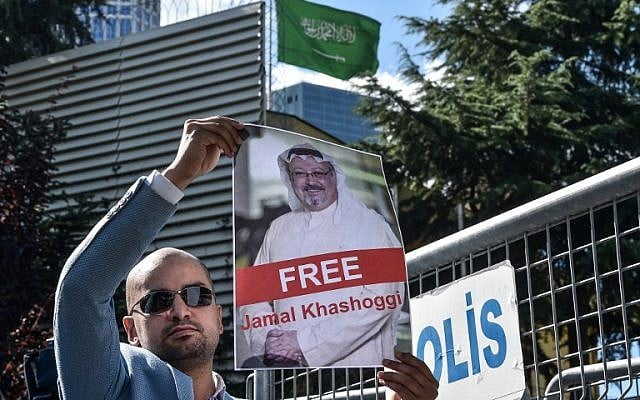 A protestor holds a picture of missing journalist Jamal Khashoggi during a demonstration in front of the Saudi Arabian consulate, on October 5, 2018 in Istanbul. (AFP/ OZAN KOSE) A protestor holds a picture of missing journalist Jamal Khashoggi during a demonstration in front of the Saudi Arabian consulate, on October 5, 2018 in Istanbul. (AFP/ OZAN KOSE)