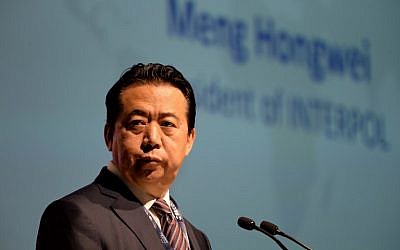 In this photo taken on July 4, 2017, Meng Hongwei, president of Interpol, gives an address at the opening of the Interpol World Congress in Singapore. (AFP Photo/Roslan Rahman)