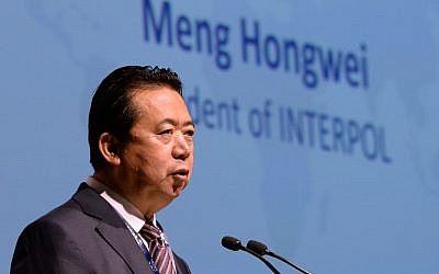 This photo taken on July 4, 2017, shows Meng Hongwei, president of Interpol, delivering an address at the opening of the Interpol World Congress in Singapore. (AFP PHOTO / ROSLAN RAHMAN)