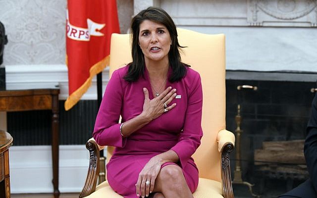Nikki Haley, the United States ambassador to the United Nations, speaks during a meeting with US President Donald Trump in the Oval Office at the White House on October 9, 2018. (AFP Photo/Olivier Douliery) Nikki Haley, the United States ambassador to the United Nations, speaks during a meeting with US President Donald Trump in the Oval Office at the White House on October 9, 2018. (AFP Photo/Olivier Douliery)