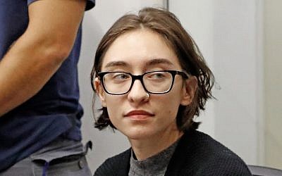 US student Lara Alqasem sits for a hearing at the Tel Aviv District Court on October 11, 2018 (Jack Guez/AFP)