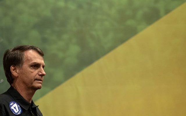 Brazil's right-wing presidential candidate for the Social Liberal Party (PSL) Jair Bolsonaro at a press conference in Rio de Janeiro, Brazil on October 11, 2018. (Mauro Pimentel/AFP) Brazil's right-wing presidential candidate for the Social Liberal Party (PSL) Jair Bolsonaro at a press conference in Rio de Janeiro, Brazil on October 11, 2018. (Mauro Pimentel/AFP)