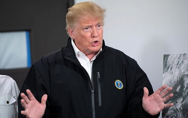US President Donald Trump speaks during a briefing on damage from Hurricane Michael in Macon, Georgia, on October 15, 2018. (Saul Loeb/AFP) US President Donald Trump speaks during a briefing on damage from Hurricane Michael in Macon, Georgia, on October 15, 2018. (Saul Loeb/AFP)