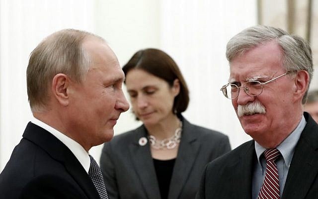 Russian President Vladimir Putin, left, meets with John Bolton, National Security adviser to the US president, at the Kremlin in Moscow on October 23, 2018. (Maxim SHIPENKOV/ POOL/ AFP) Russian President Vladimir Putin, left, meets with John Bolton, National Security adviser to the US president, at the Kremlin in Moscow on October 23, 2018. (Maxim SHIPENKOV/ POOL/ AFP)