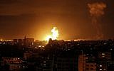 Illustrative. An explosion caused by an Israeli airstrike in Gaza City, on October 27, 2018. (Mahmud Hams/AFP)