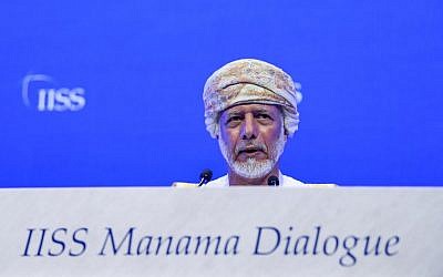 Yusuf bin Alawi, Oman's minister responsible for foreign affairs, addresses the 14th International Institute for Strategic Studies (IISS) Manama Dialogue in the Bahraini capital Manama on October 27, 2018. (Photo by STR / AFP)