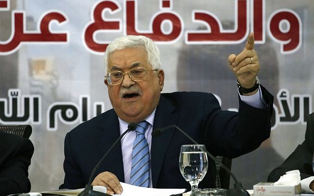 Palestinian Authority President Mahmoud Abbas speaks, during a meeting with the Palestinian Central Council in the West Bank city of Ramallah on October 28, 2018. (ABBAS MOMANI / AFP) Palestinian Authority President Mahmoud Abbas speaks, during a meeting with the Palestinian Central Council in the West Bank city of Ramallah on October 28, 2018. (ABBAS MOMANI / AFP)