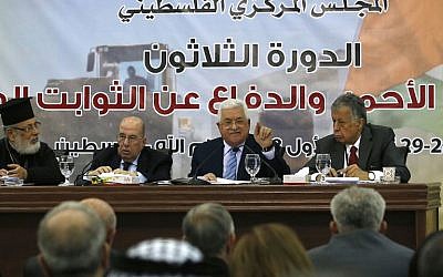 Palestinian Authority President Mahmoud Abbas, second right, at a meeting of the Palestinian Central Council in the West Bank city of Ramallah, on October 28, 2018. (Abbas Momani/AFP)